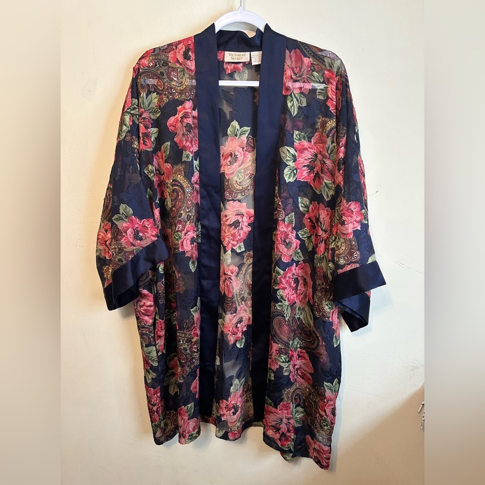 Victoria's Secret VTG Gold Label Floral Paisley Robe Silky Satin Sheer OS